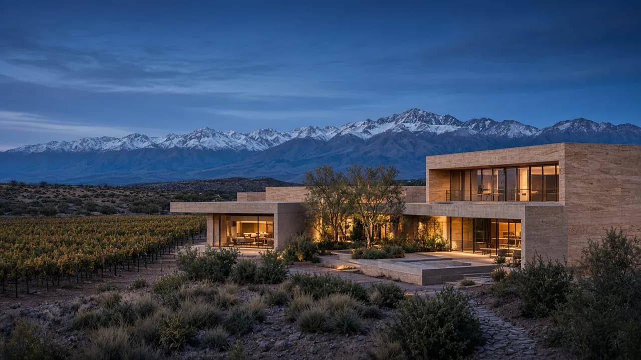 Casa Altamira entre viñedos al blue hour en Valle de Uco