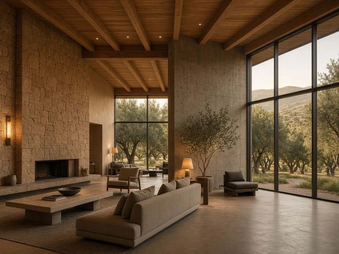 Lobby de piedra y hormigón en Casa Altamira