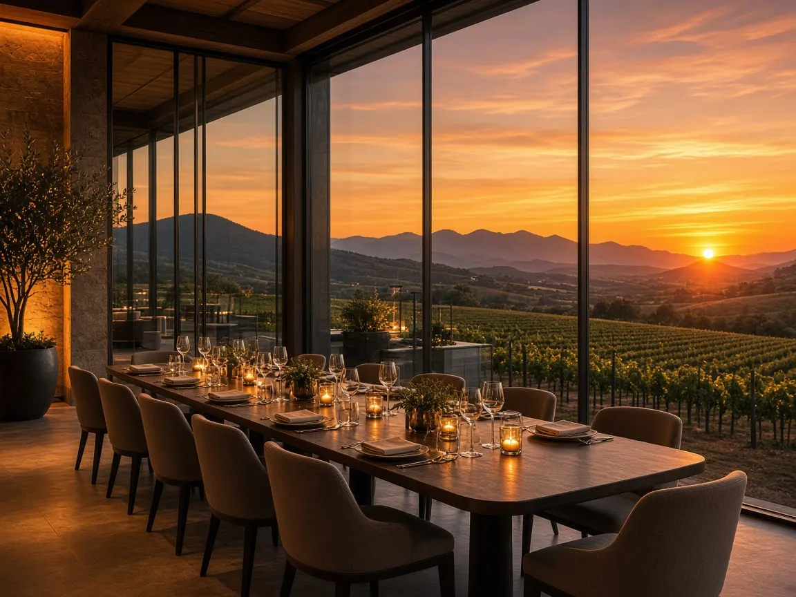 Comedor de vidrio al atardecer en Casa Altamira