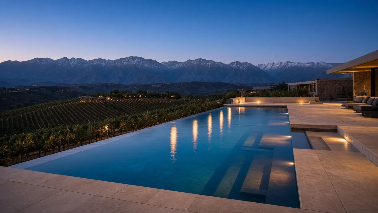 Piscina infinita y spa hacia el viñedo en Casa Altamira