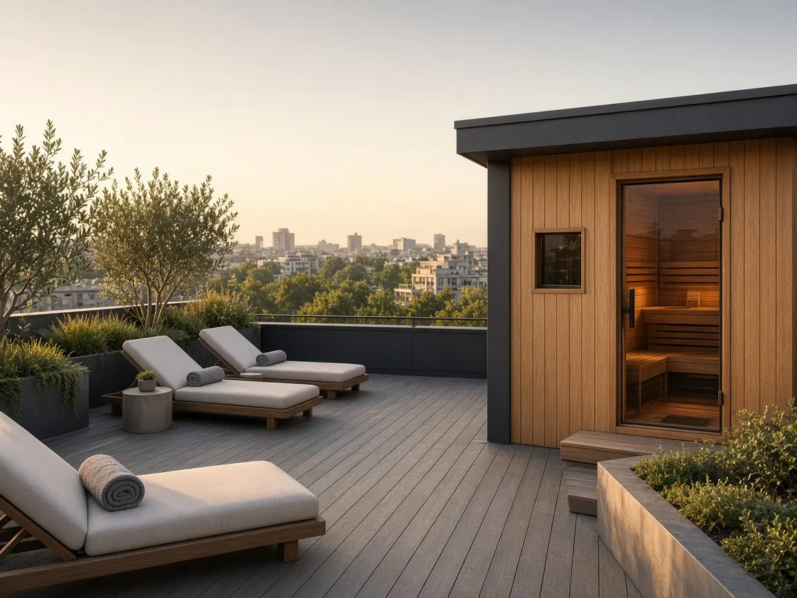 Terraza y sauna en Hotel Brera