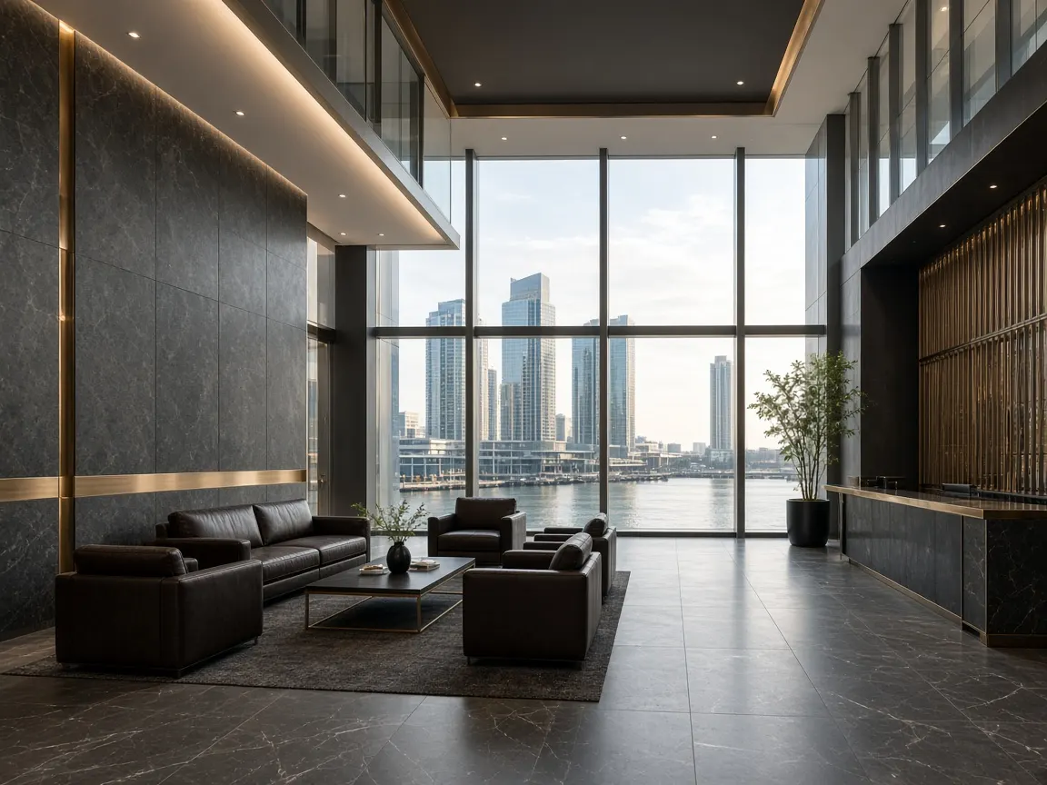 Lobby contemporáneo de grafito y metal en Mirador Dock
