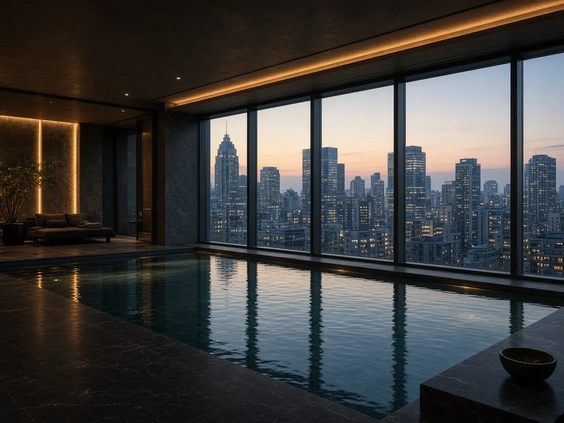Piscina techada con vista urbana en Mirador Dock