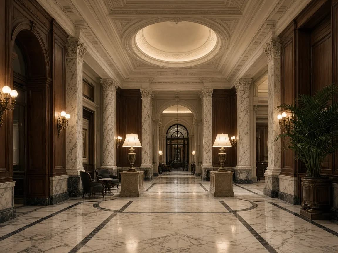 Lobby axial con mármol y nogal en Palacio Vercelli