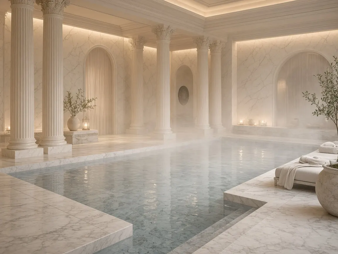 Spa interior con piscina de mármol en Palacio Vercelli
