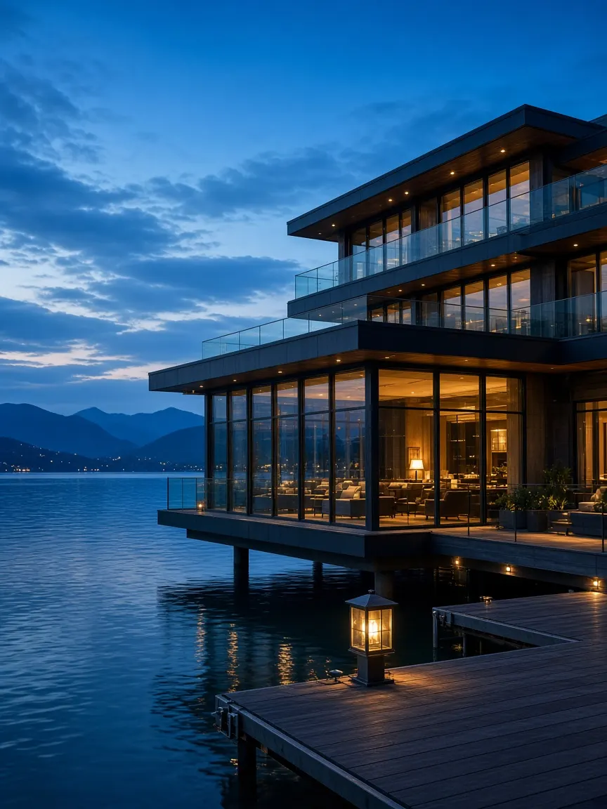 Horizonte editorial de hotel sobre agua al blue hour
