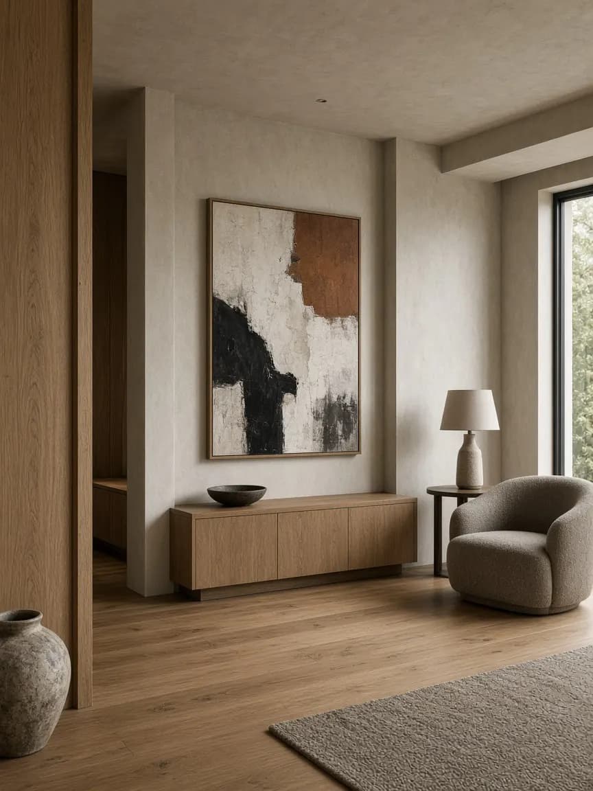 Interior boutique de design hotel con arte y roble
