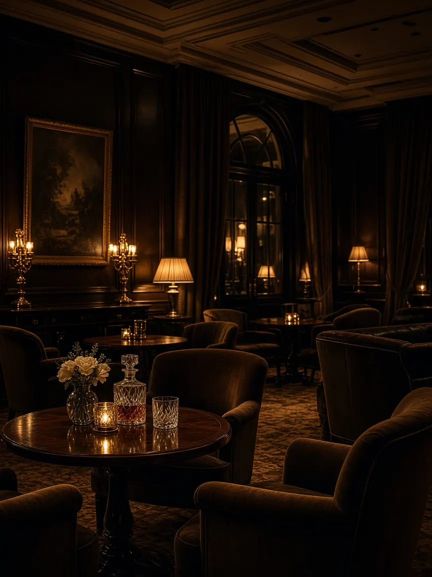 Salón de hotel con luz ámbar y mesas de club